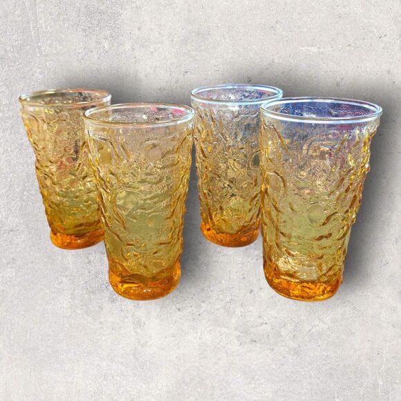 Vintage Anchor Hocking Lido Milano Amber Crinkle Pitcher 4 Tumblers Mid-Century - Picture 4 of 16